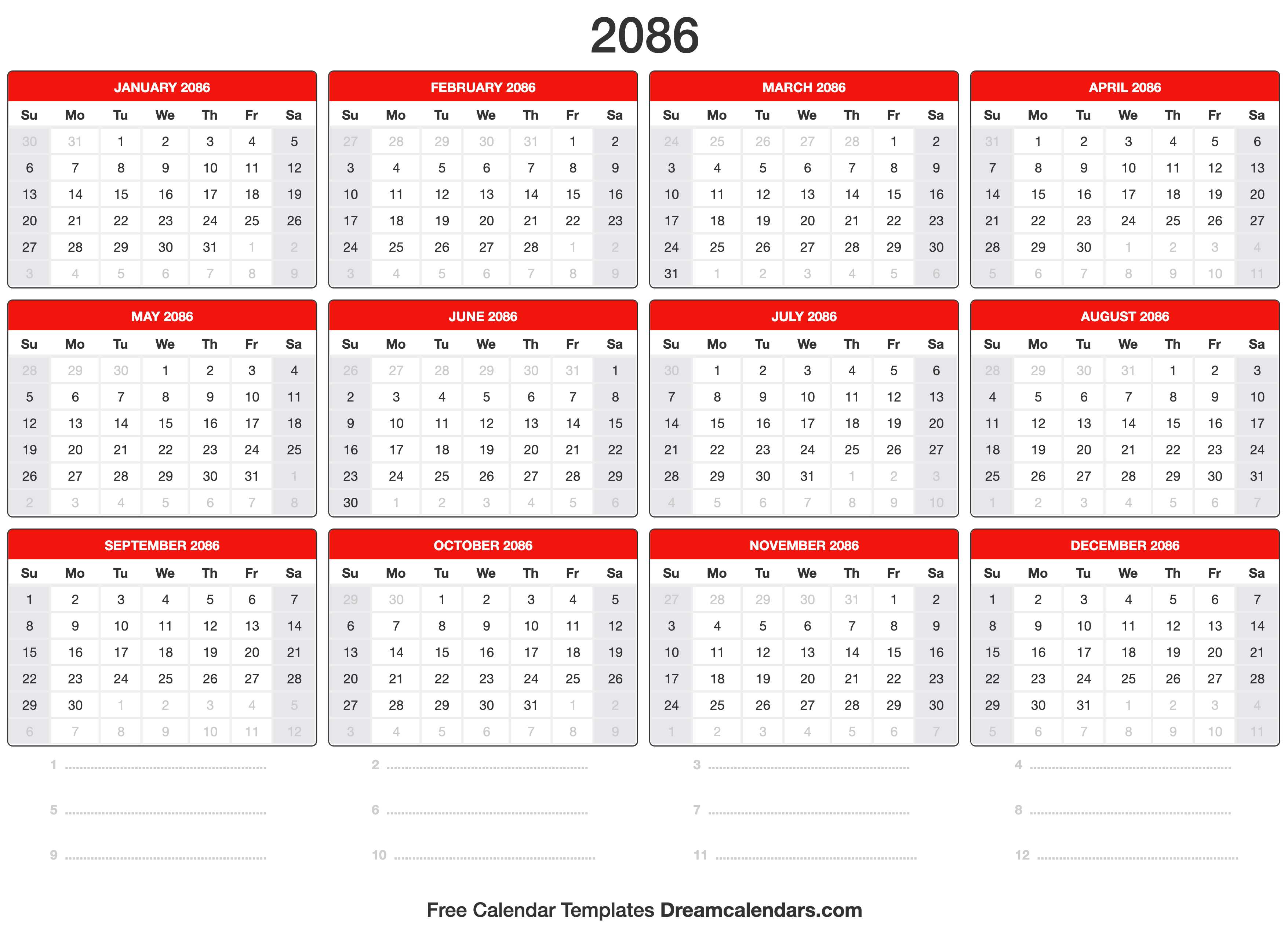 2086 Calendar Template