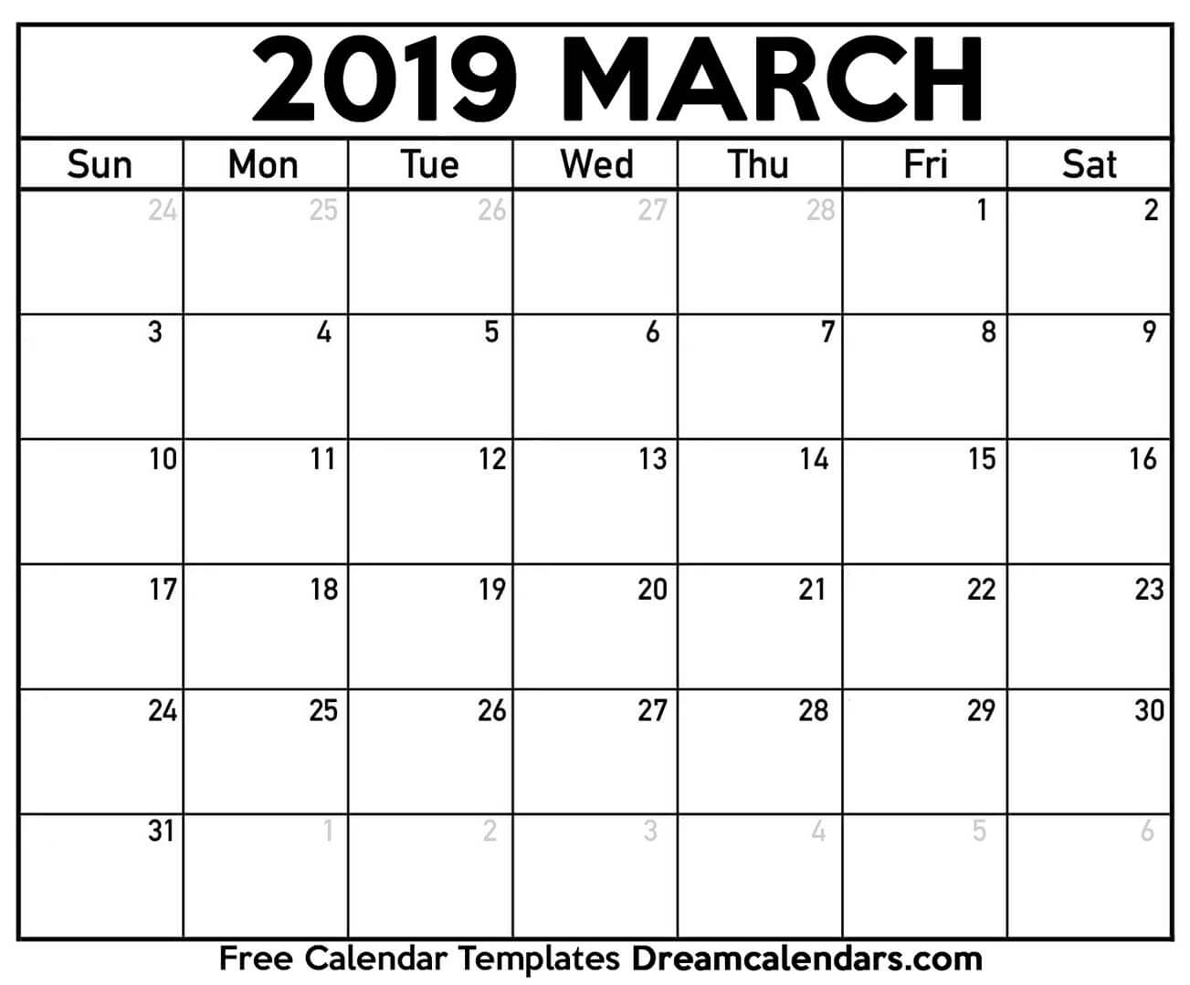 March 2019 Calendar Free Printable with Holidays and Observances