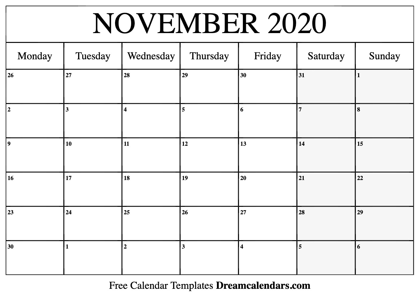 47+ Free Printable Calendar November 2020 Monday Start PNG