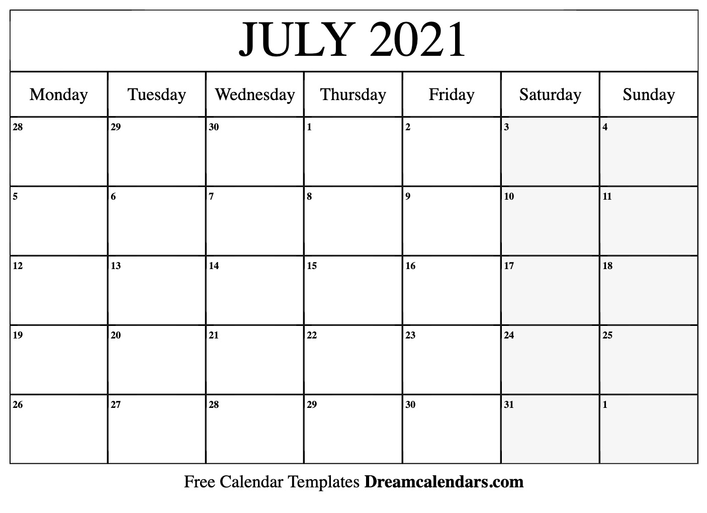 Blank July 2021 Calendar Printable