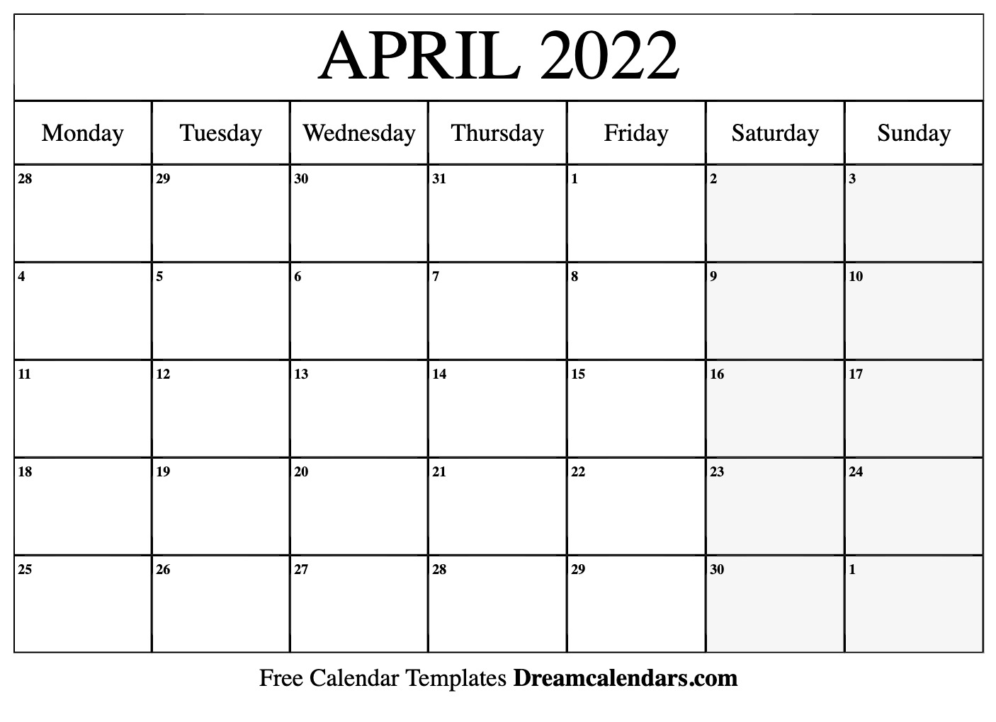 Download Printable April 2022 Calendars
