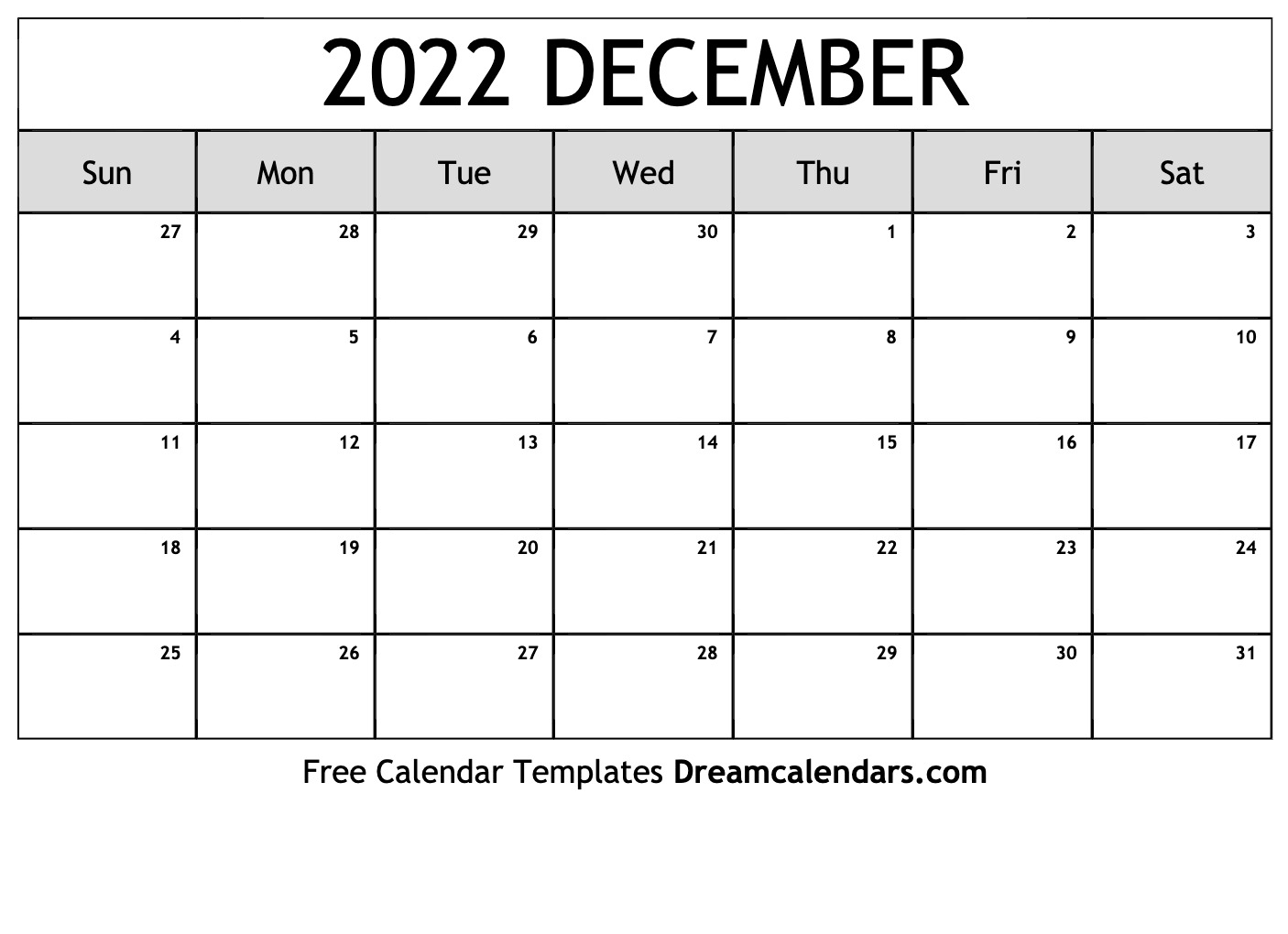 December 2022 Calendar Printable Free Pdf