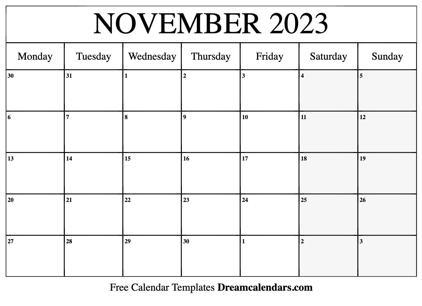 November 2023 Calendar Blank Printable