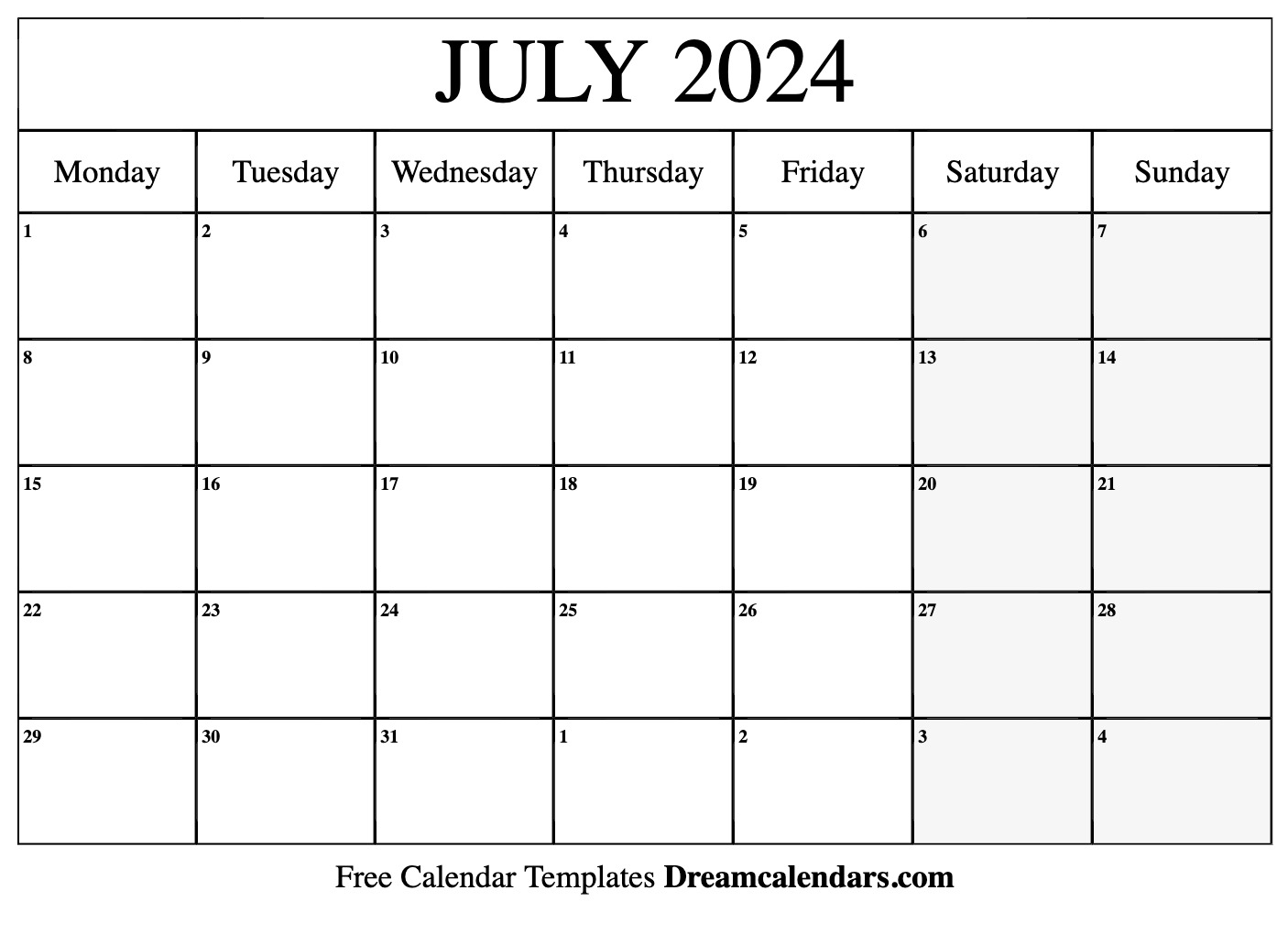 July 2024 Calendar Printable (Monday) 