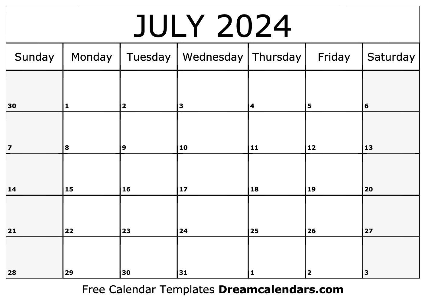 Blank Calendar Printable July 2024