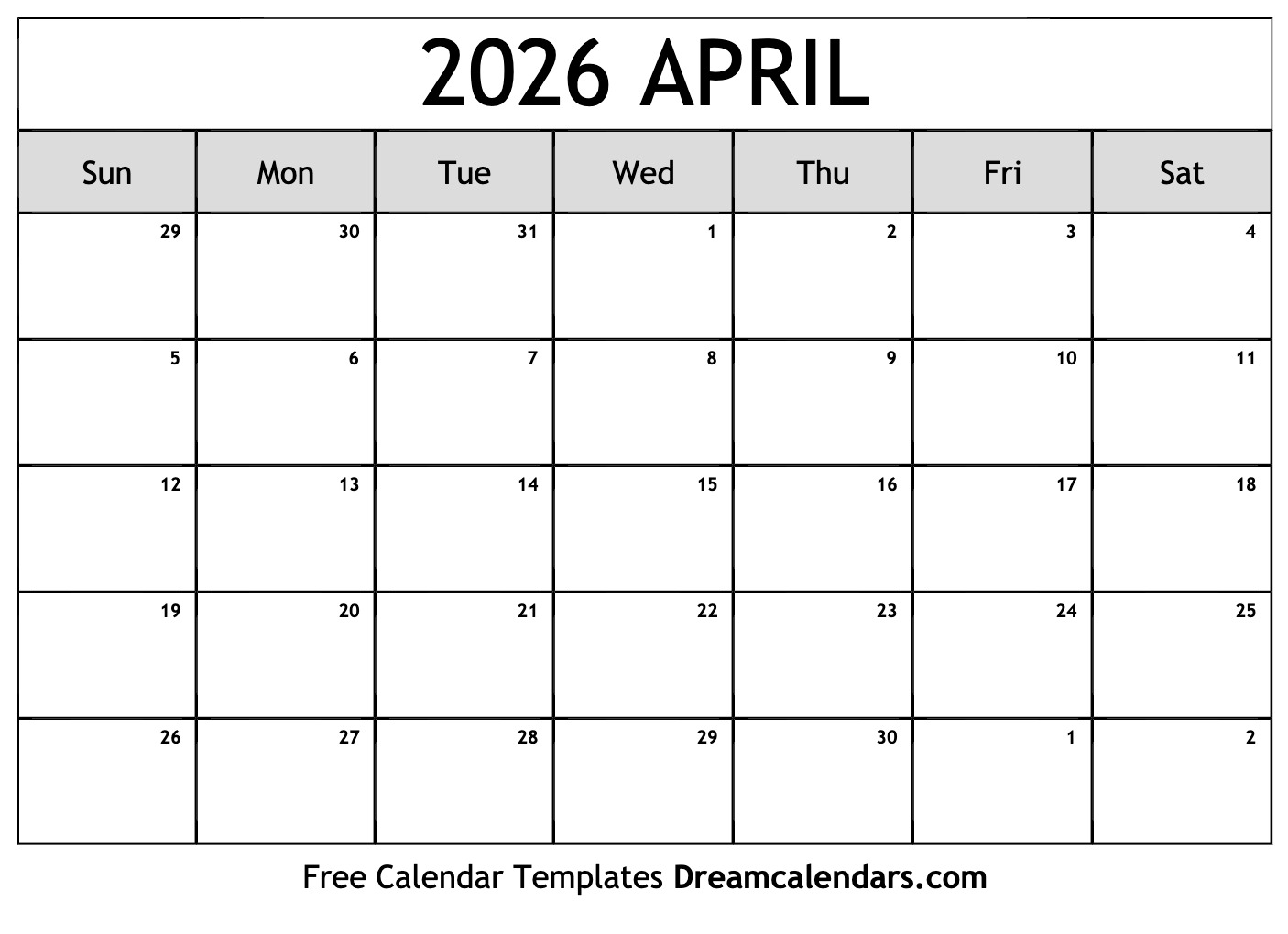April 2026 Monthly Calendar Bank2home com