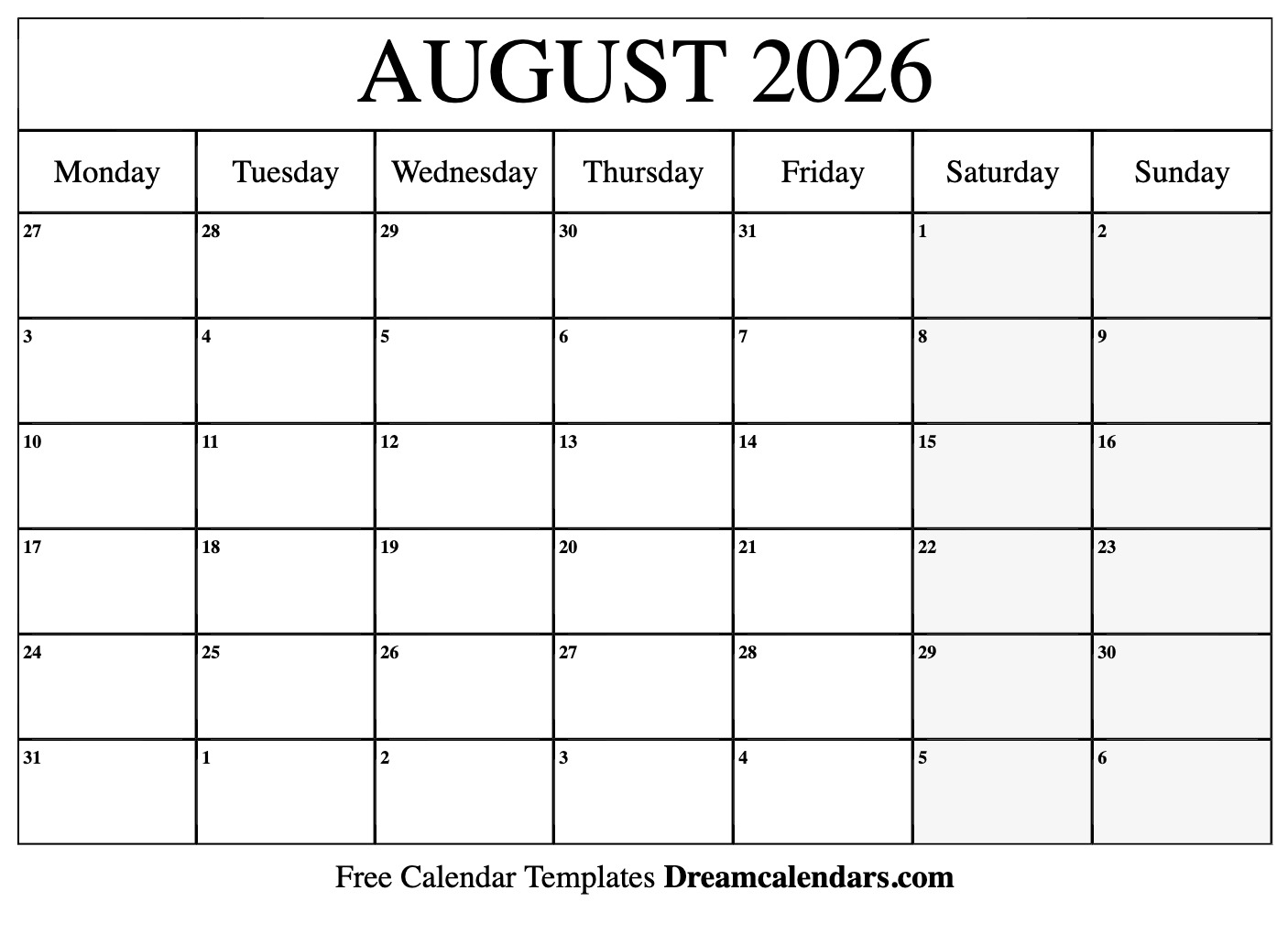 August 2026 calendar Free blank printable with holidays