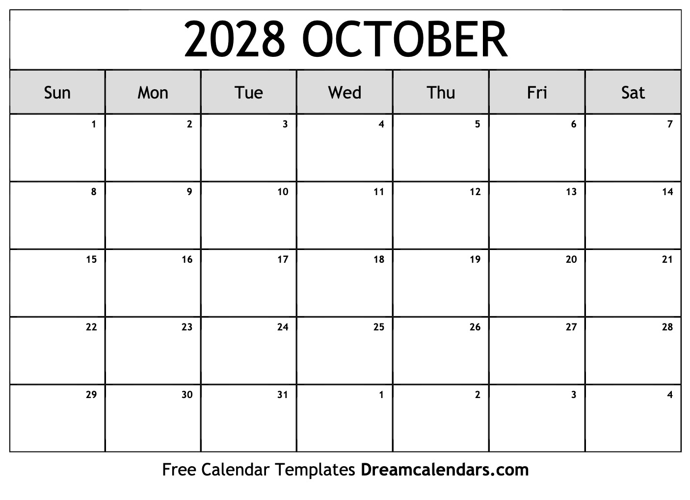 October 2028 Calendar Free Printable with Holidays and Observances