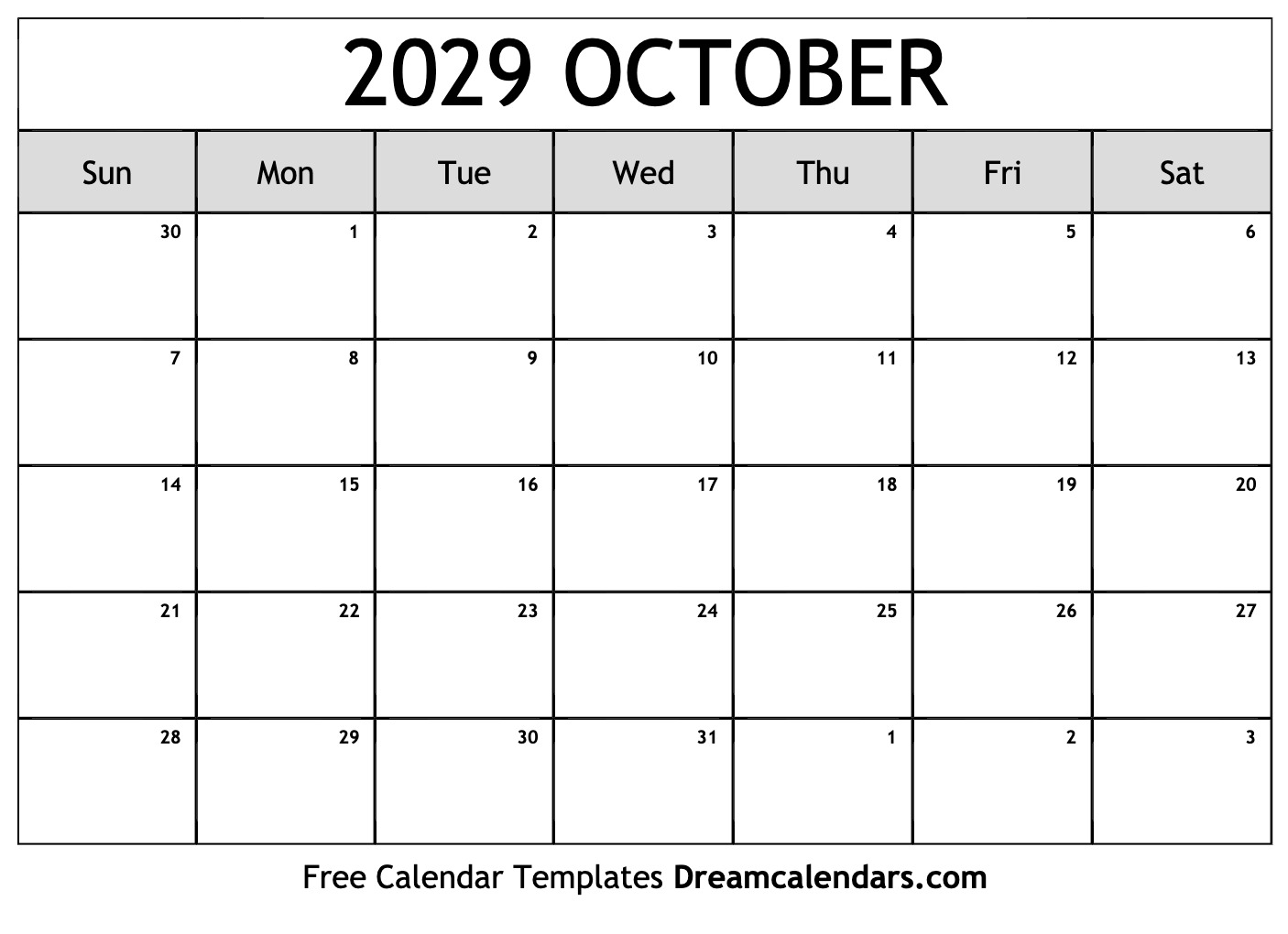 October 2029 Calendar Free Printable With Holidays And Observances