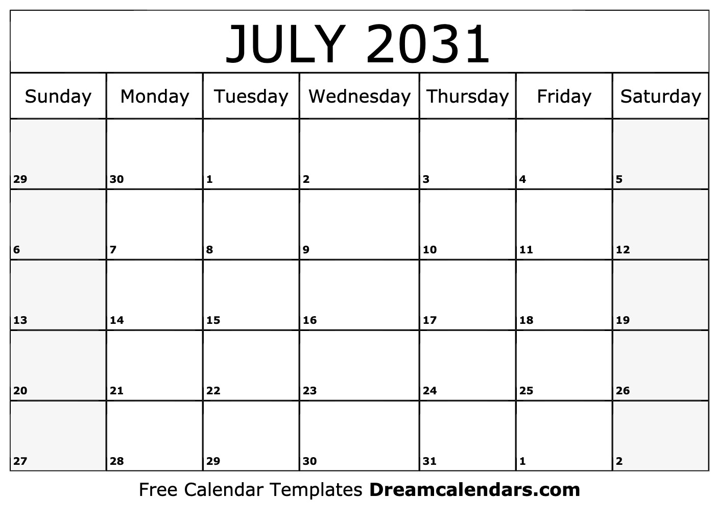 July 2031 Calendar Free Blank Printable With Holidays