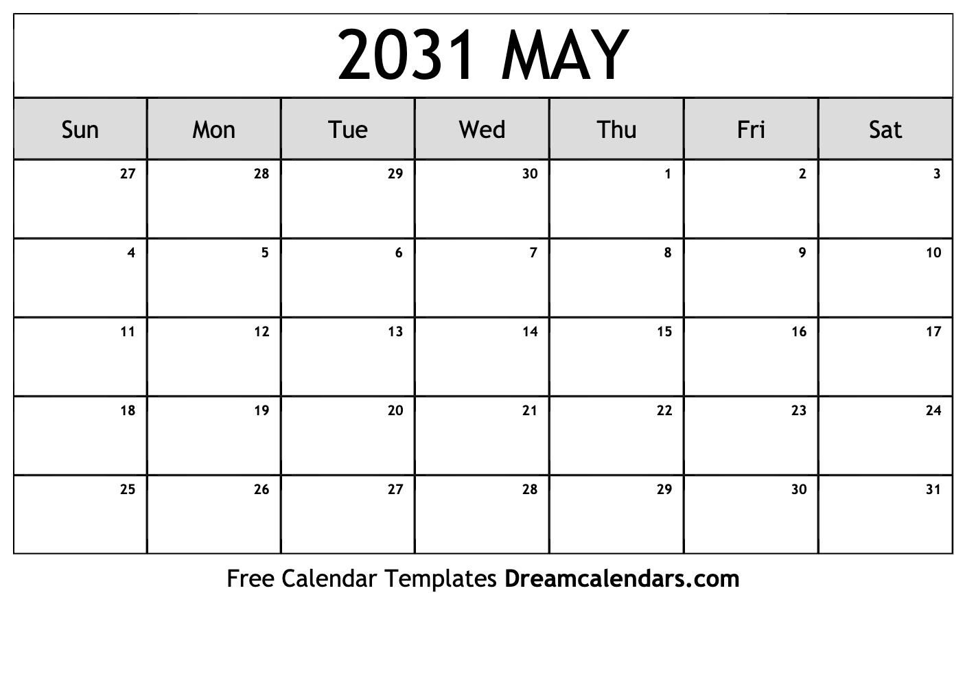 May 2031 calendar Free blank printable with holidays