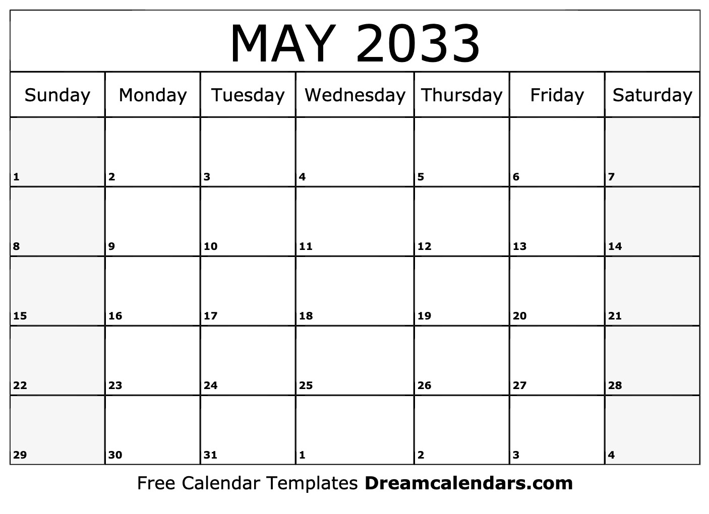 May 2033 Calendar - Free Printable with Holidays and Observances