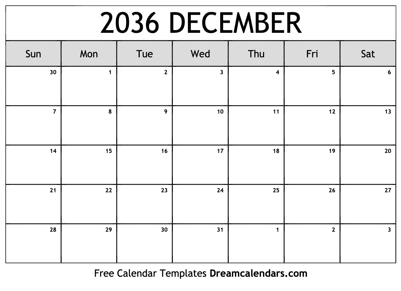 December 2036 Calendar Free Printable With Holidays And Observances