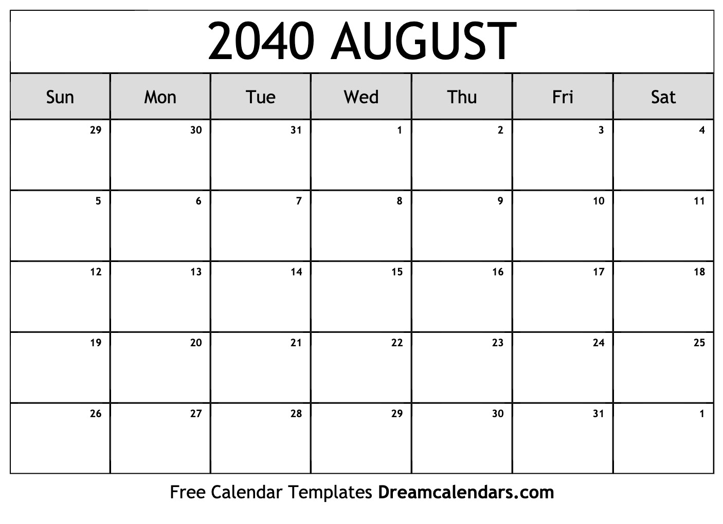 august 2040 calendar free blank printable templates