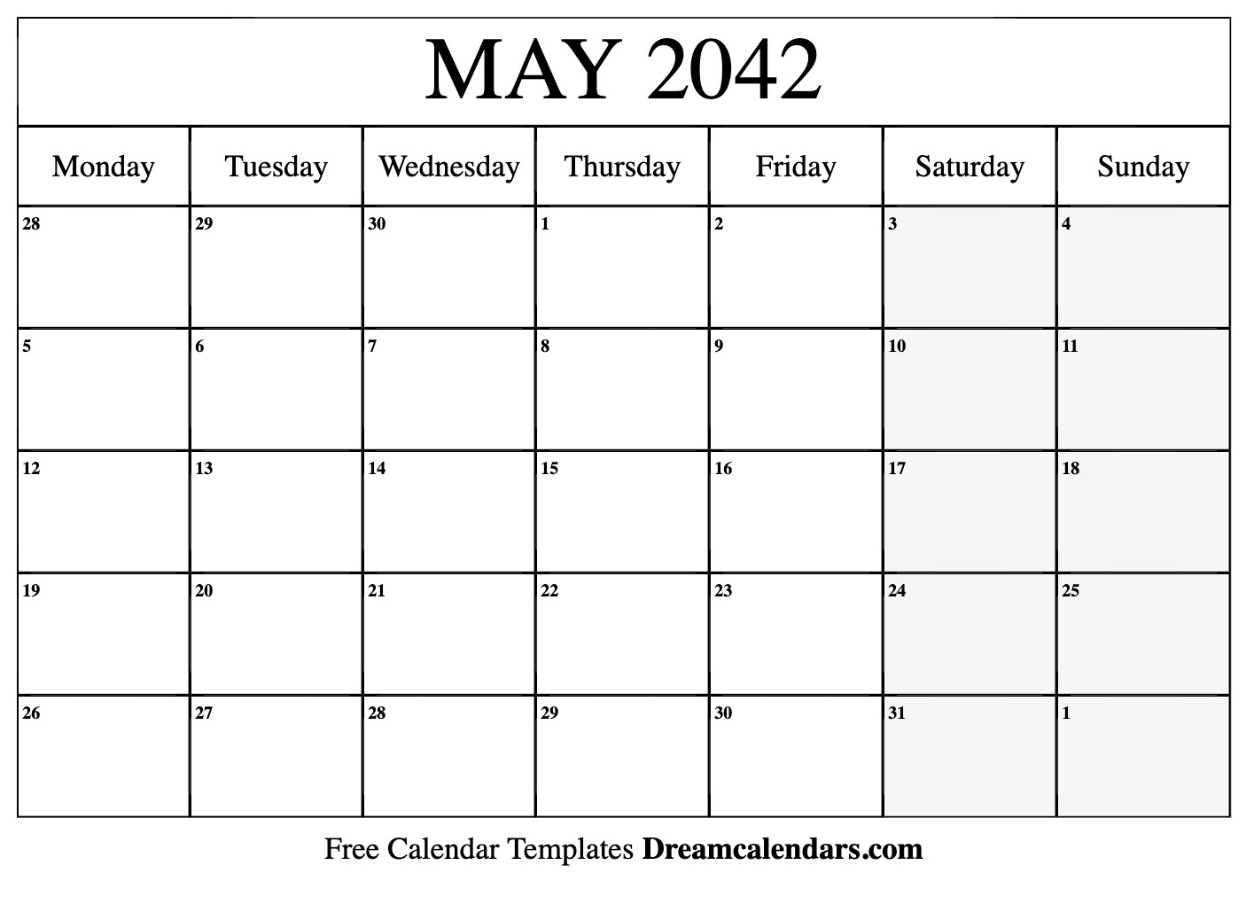 May 2042 Calendar - Free Printable with Holidays and Observances