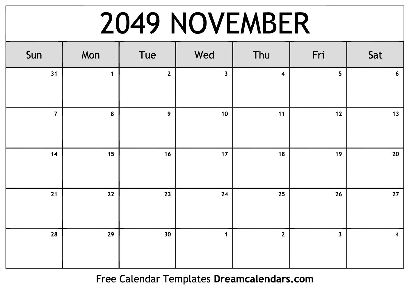 November 2049 Calendar Free Printable With Holidays And Observances