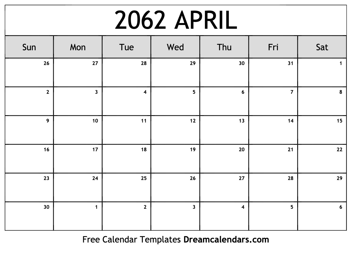 April 2062 Calendar - Free Printable with Holidays and Observances