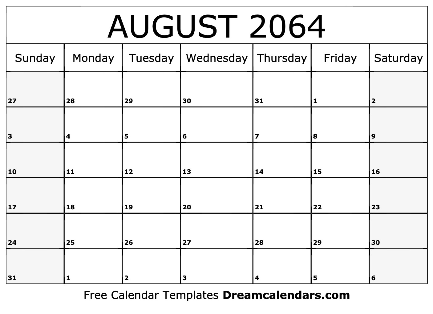 August 2064 calendar Free blank printable with holidays