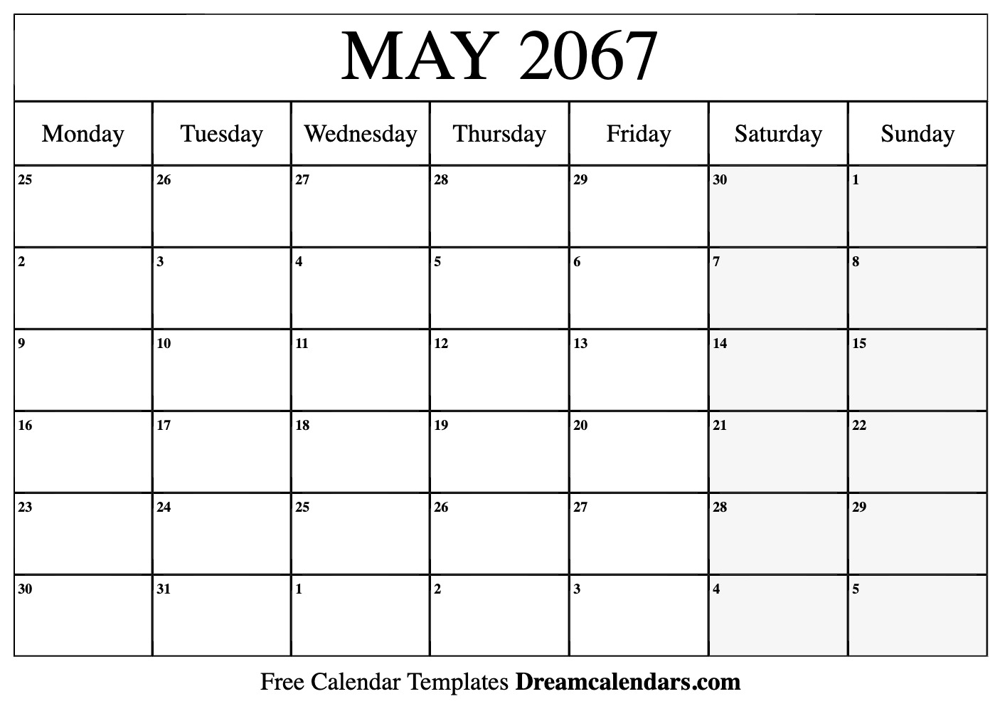 May 2067 Calendar - Free Printable with Holidays and Observances