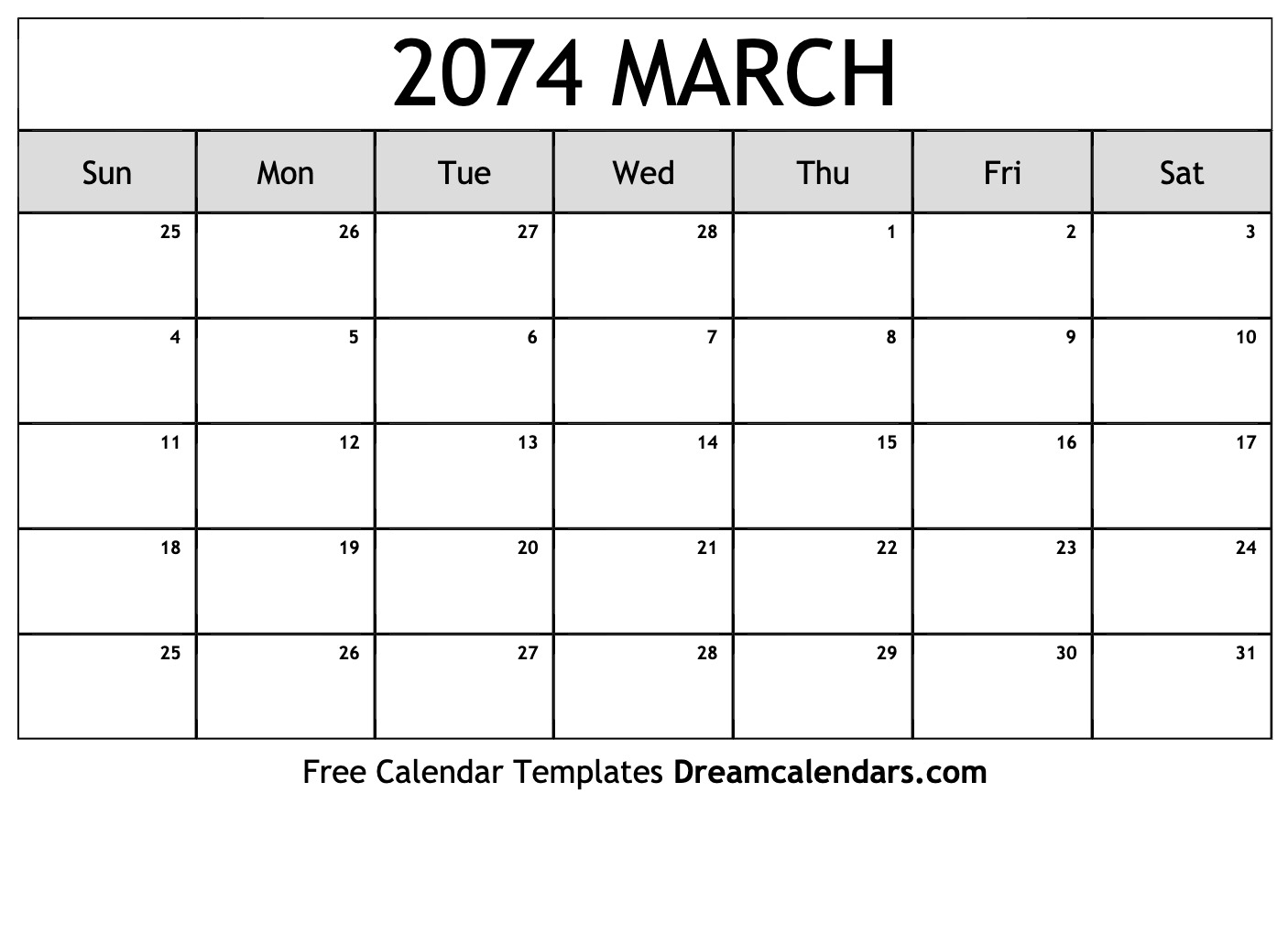 March 2074 Calendar - Free Printable with Holidays and Observances