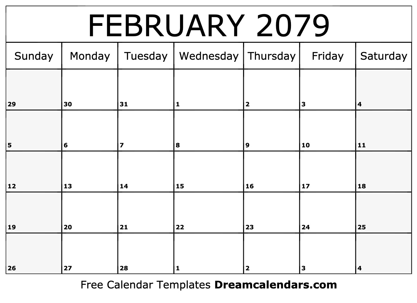 February 2079 Calendar - Free Printable with Holidays and Observances