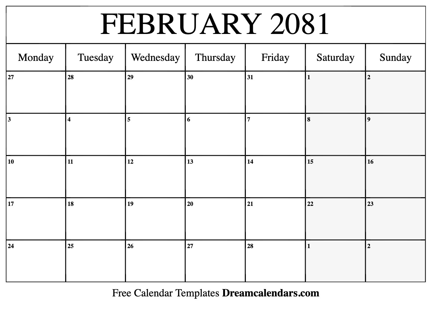 February 2081 Calendar - Free Printable with Holidays and Observances