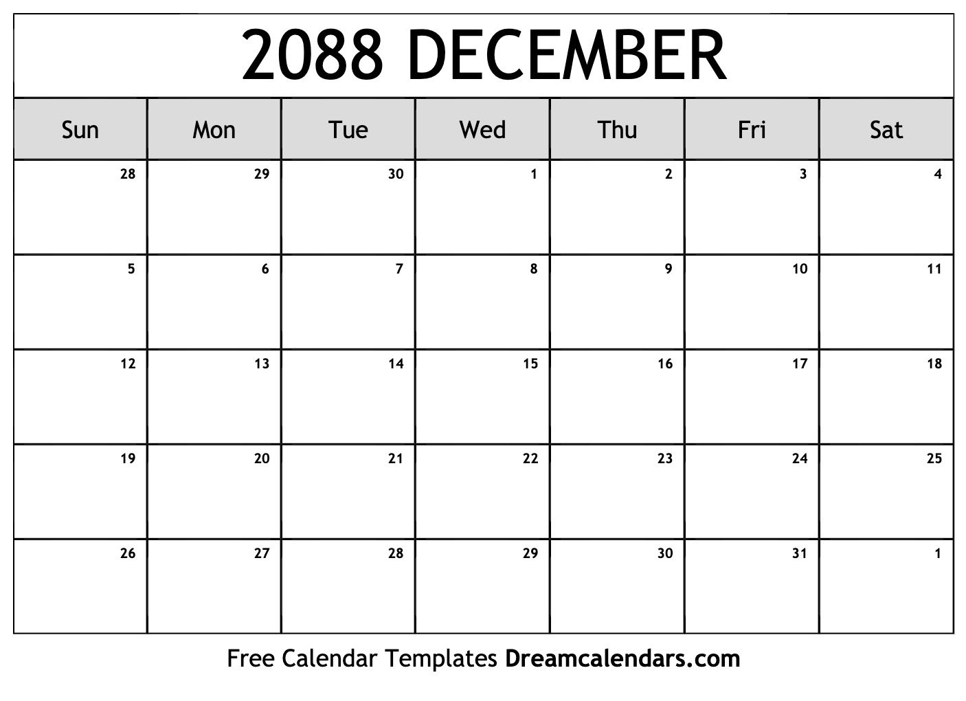 December 2088 calendar Free blank printable with holidays