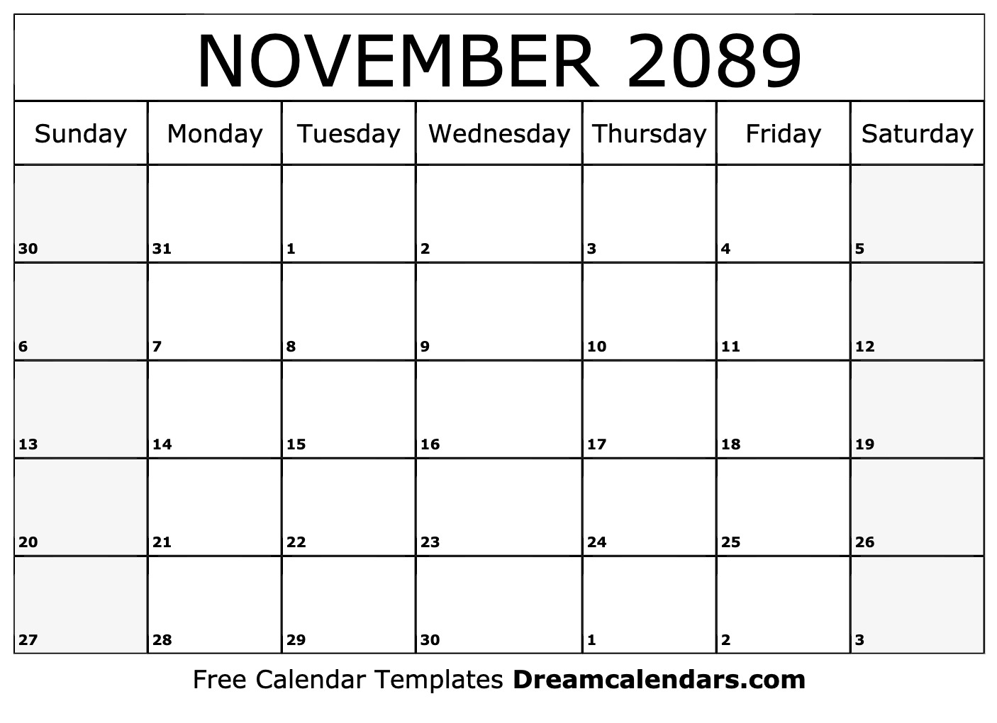 November 2089 Calendar - Free Printable with Holidays and Observances