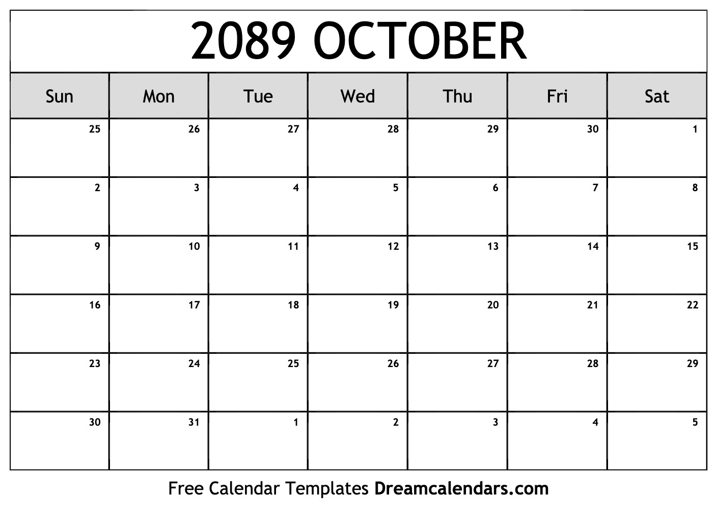 October 2089 Calendar - Free Printable with Holidays and Observances