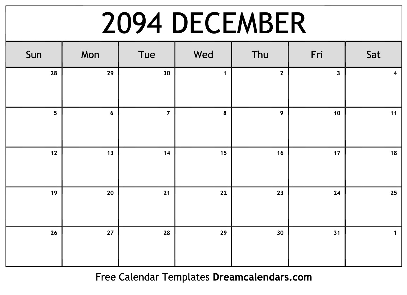 December 2094 calendar Free blank printable with holidays