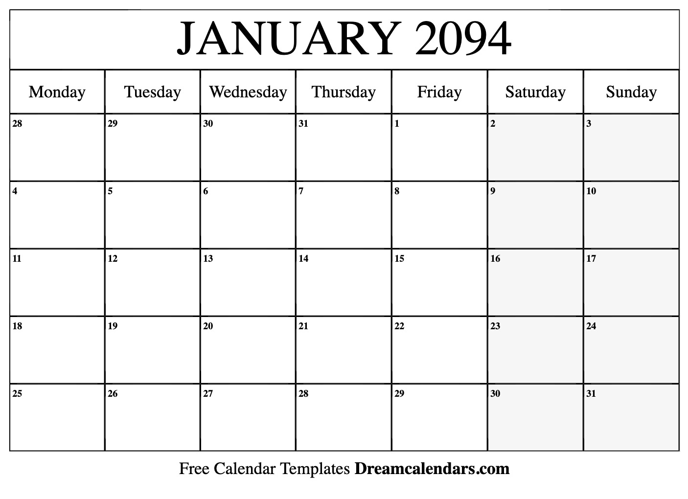 January 2094 Calendar - Free Printable With Holidays And Observances