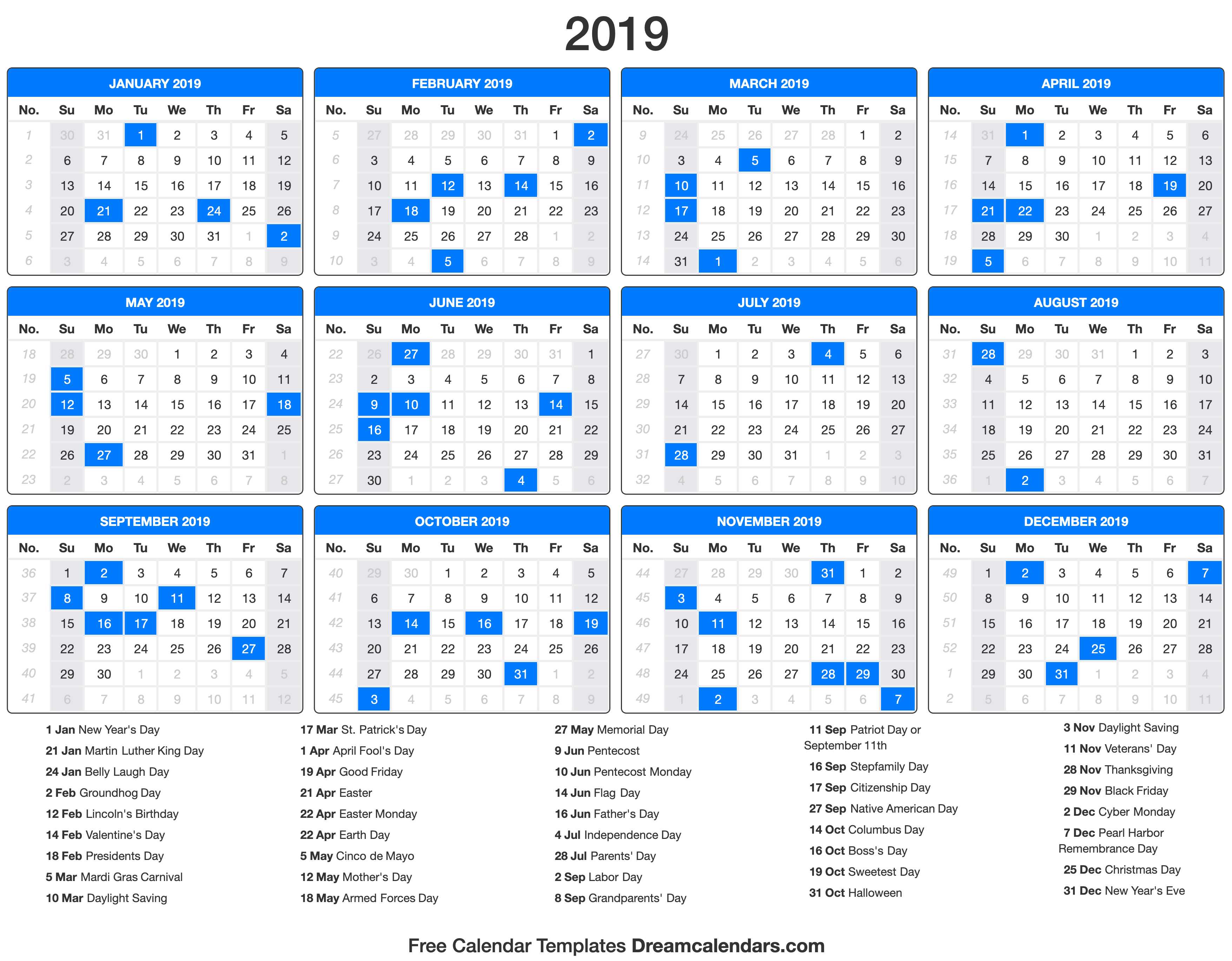 2019 Calendar With Holidays 