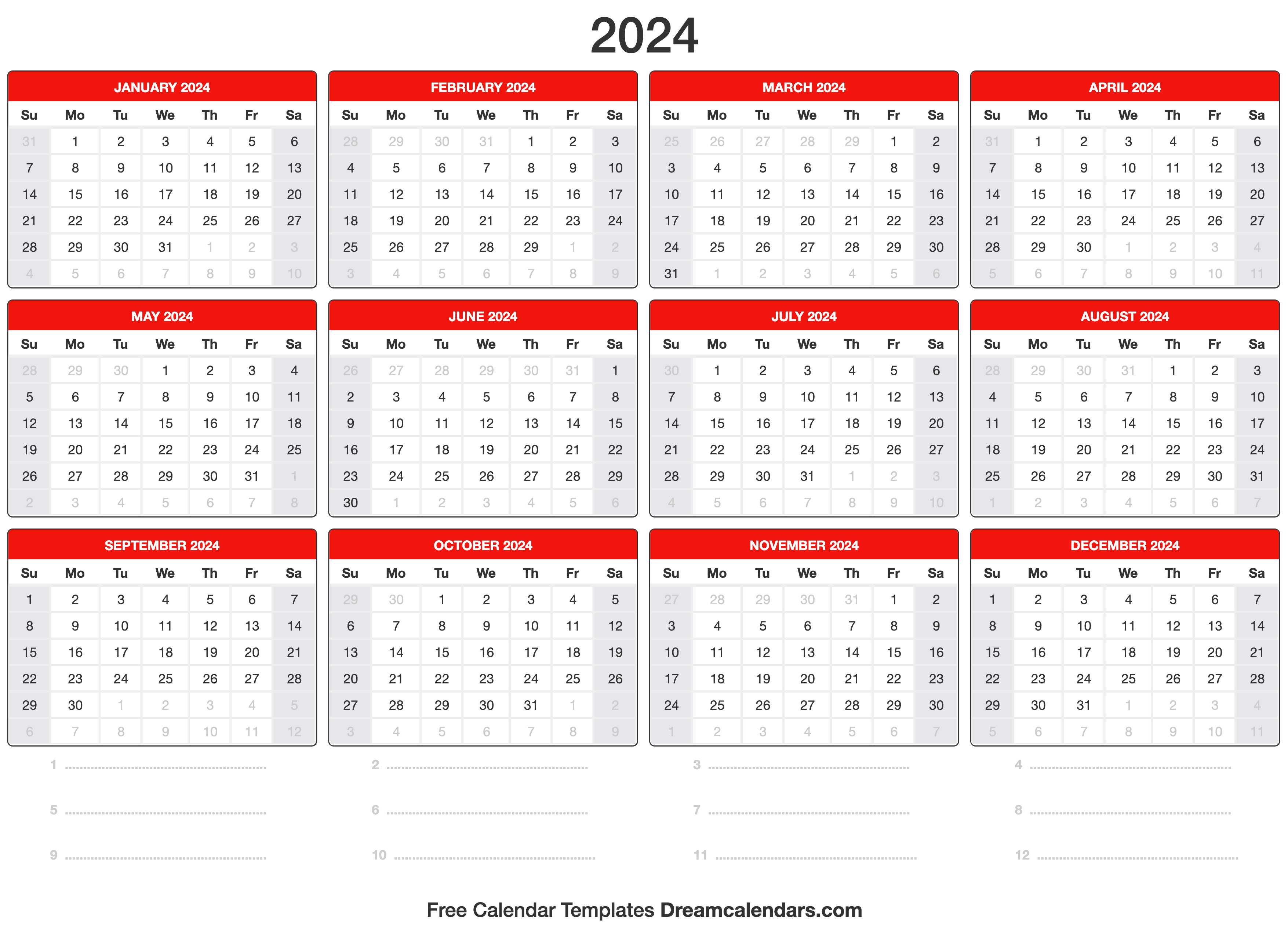 2024 calendar blank printable calendar template in pdf word excel