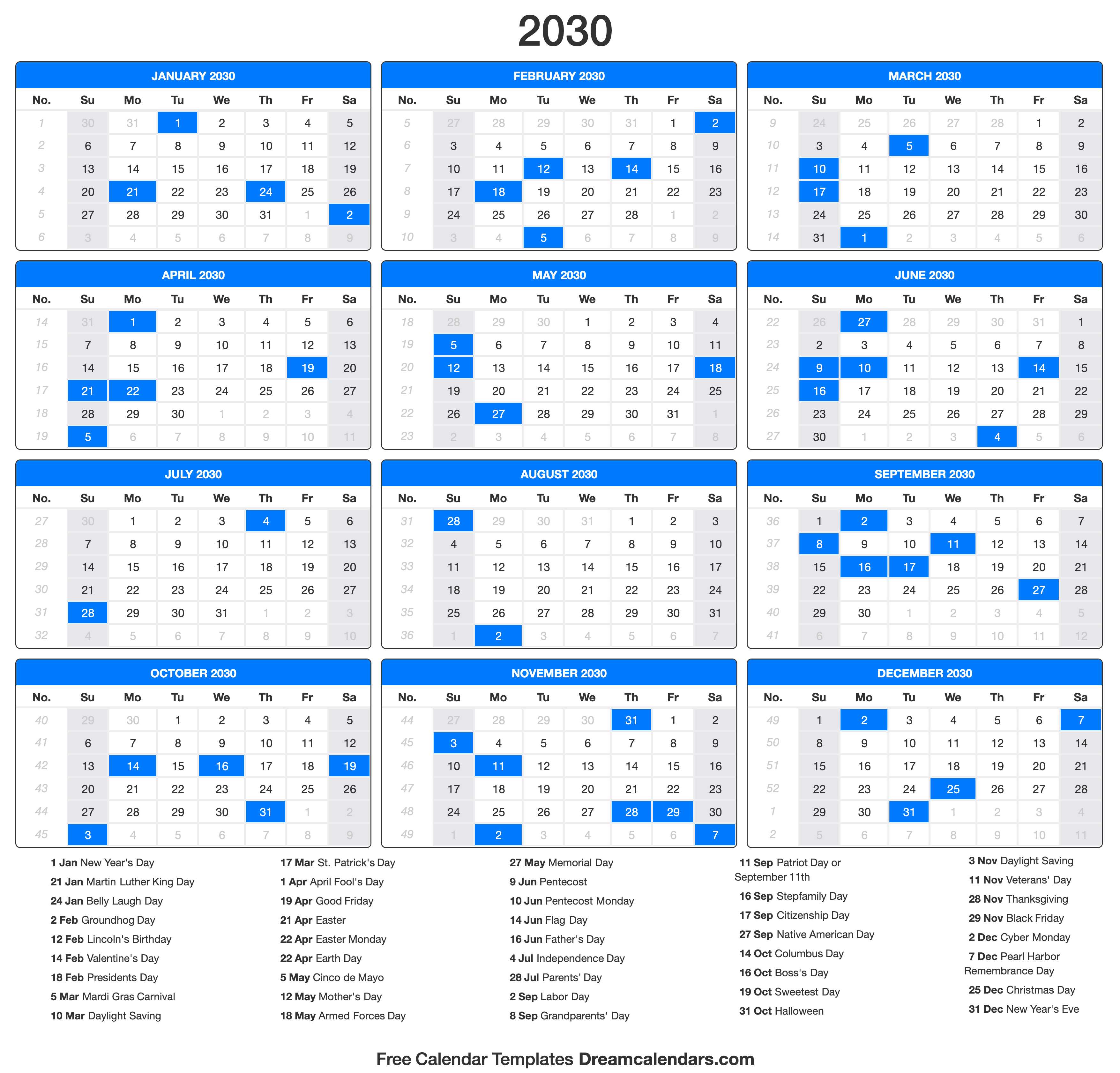 2030 Calendar (Portrait) 