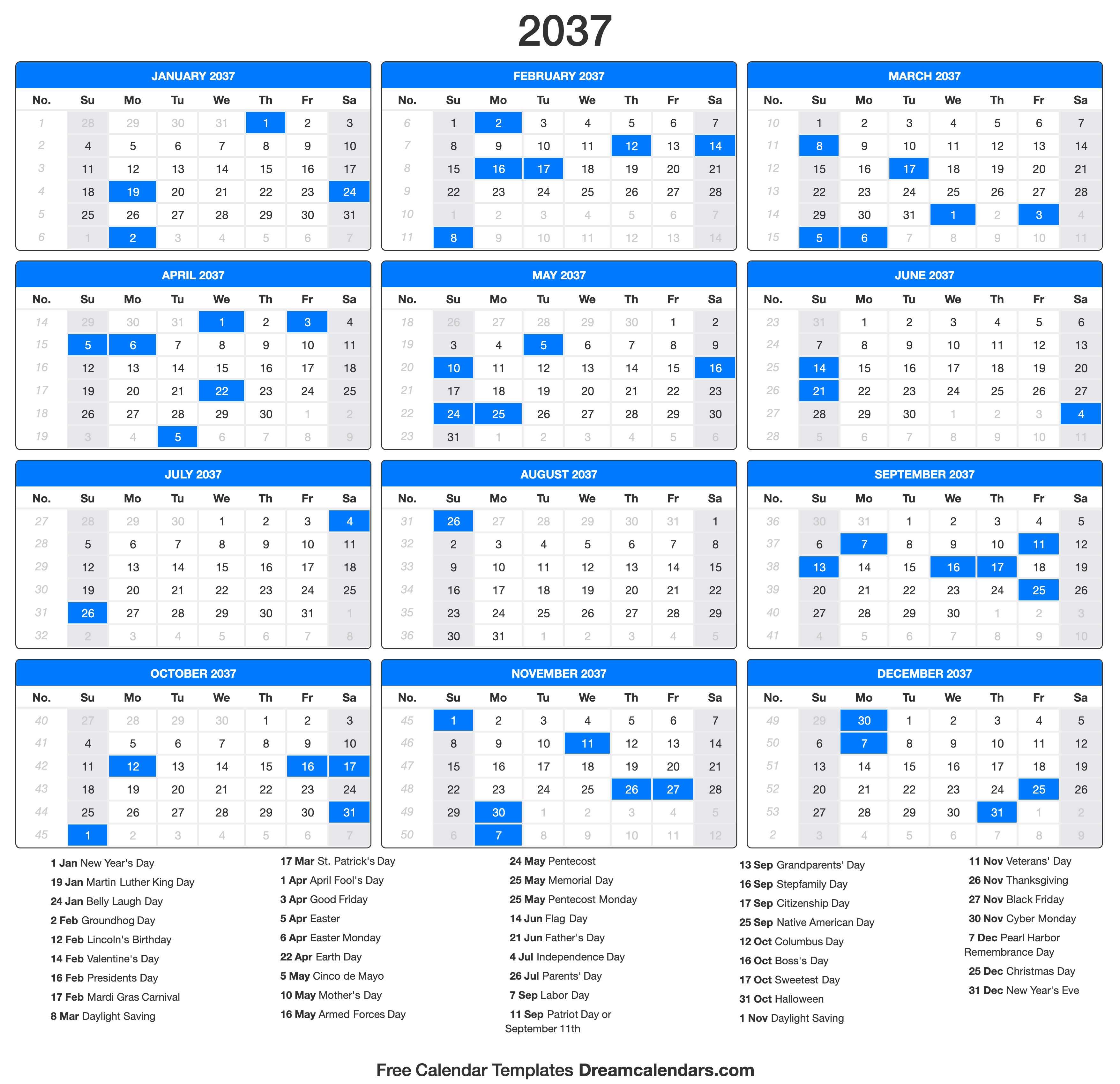 2037 Calendar