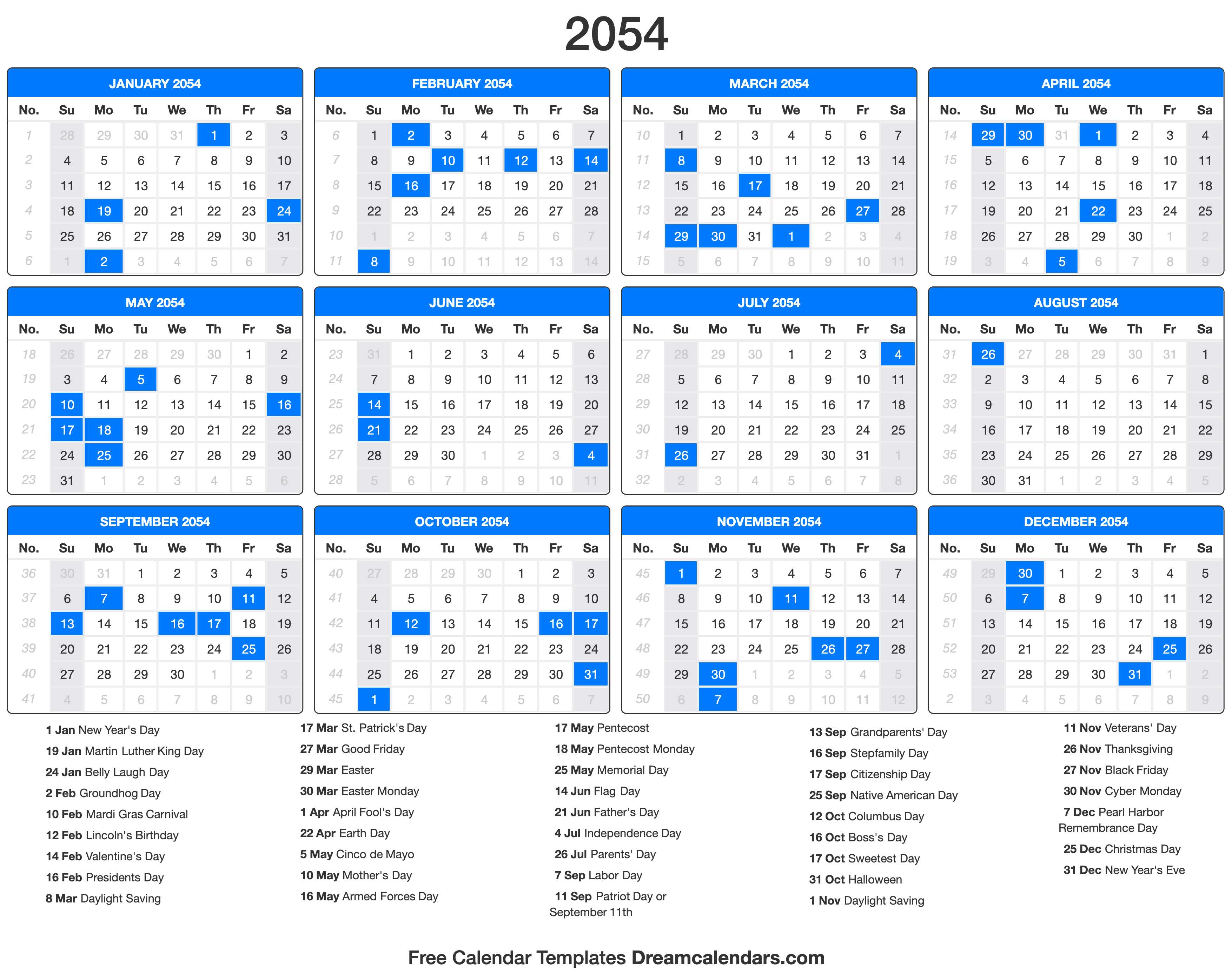 2054 Calendar